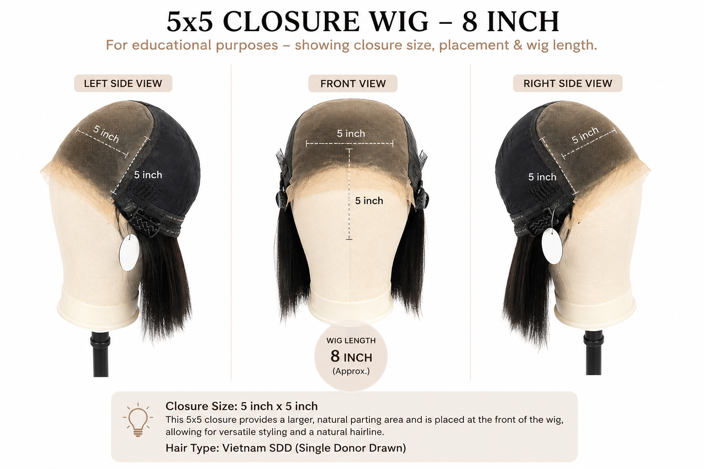 8" 5x5 Lace Closure Straight Bob Wig | 100% Raw Vietnamese Human Hair