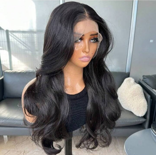 22" Curtain Bangs Lace Front Wig | Natural Black, Wavy & Effortless
